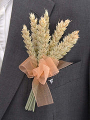 Grooms Natural Dried Wheat Wedding Buttonhole with Gold Organza Ribbon