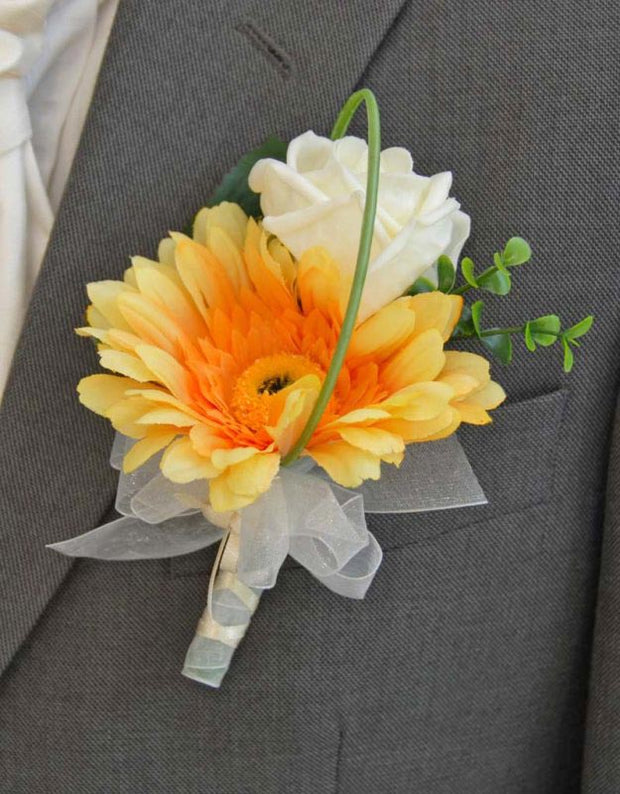 Grooms Orange Silk Gerbera & Ivory Rose Wedding Buttonhole