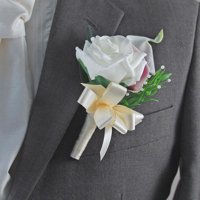 Grooms Purple Calla Lily, Ivory Rose & Rosemary Wedding Buttonhole