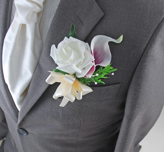 Grooms Purple Calla Lily, Ivory Rose & Rosemary Wedding Buttonhole