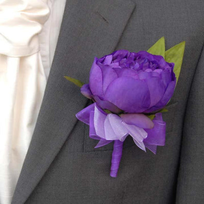Grooms Purple Silk Peony, Organza Purple & Lilac Ribbon Buttonhole