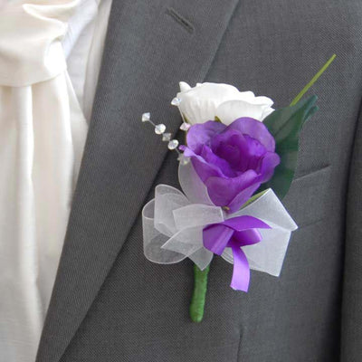 Grooms Purple Lisianthus & White Rose Crystal Wedding Buttonhole