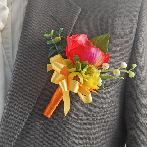 Grooms Red Silk Anemone Yellow Buttercup Wedding Buttonhole