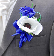 Grooms Royal Blue Rose & Ivory Anemone, Stephanotis Wedding Buttonhole