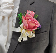 Grooms Vintage Pink Silk Rose & Lilac Lavender Wedding Buttonhole