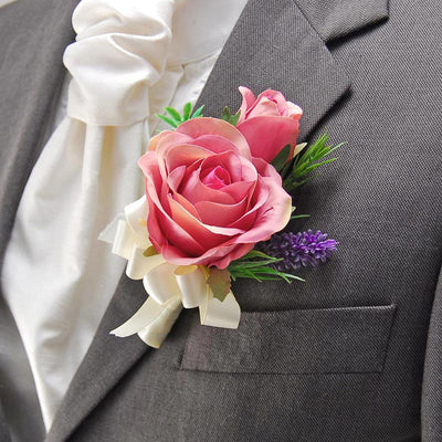 Grooms Vintage Pink Silk Rose & Lilac Lavender Wedding Buttonhole