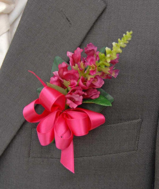 Grooms Pink Silk Physostegia & Cerise Satin Bow Wedding Buttonhole