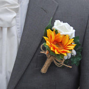 Grooms Golden Sunflower, Ivory Rose & Gypsophila Wedding Buttonhole