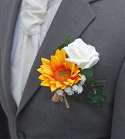 Grooms Golden Sunflower, Ivory Rose & Gypsophila Wedding Buttonhole