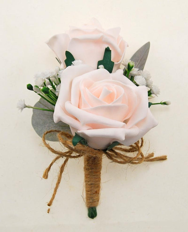 Grooms Double Light Pink Rose & Ivory Gypsophila Wedding Buttonhole