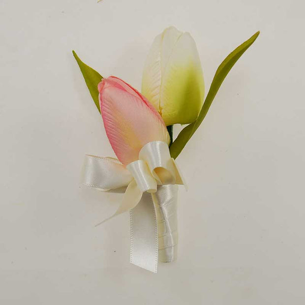 Grooms Double Pink & Ivory Silk Tulip Wedding Buttonhole