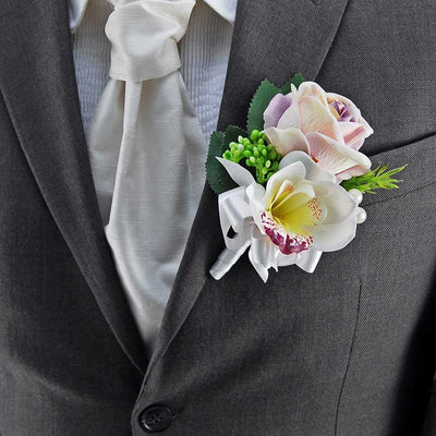 Grooms Dusky Lilac Rose, Ivory Silk Orchid & Pearl Wedding Buttonhole
