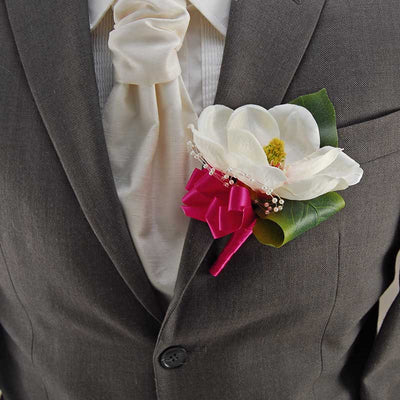 Grooms Large Ivory Magnolia, Pearl Loop & Cerise Ribbon Wedding Buttonhole