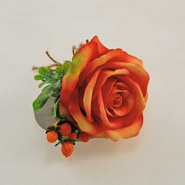 Grooms Large Orange Silk Rose & Hypericum Berry Wedding Buttonhole