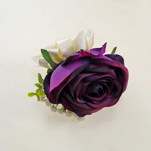 Grooms Large Purple Silk Rose, Gypsophila, Eucalyptus Wedding Buttonhole