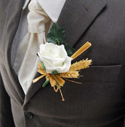 Grooms Natural Dried Wheat & Ivory Foam Rose Wedding Buttonhole