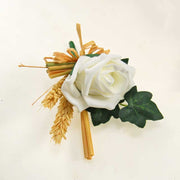 Grooms Natural Dried Wheat & Ivory Foam Rose Wedding Buttonhole
