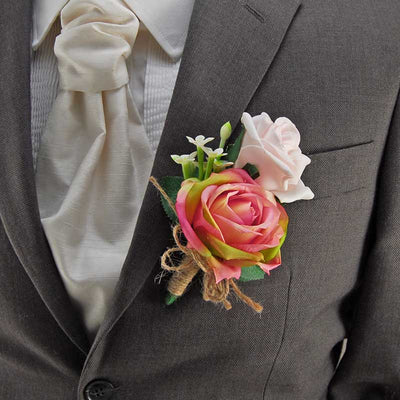 Grooms Pink Green Silk Rose & Stephanotis Wedding Buttonhole