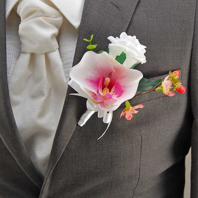 Grooms Pink Silk Orchid, Cherry Bloosom & White Rose Wedding Buttonhole