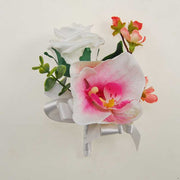 Grooms Pink Silk Orchid, Cherry Bloosom & White Rose Wedding Buttonhole