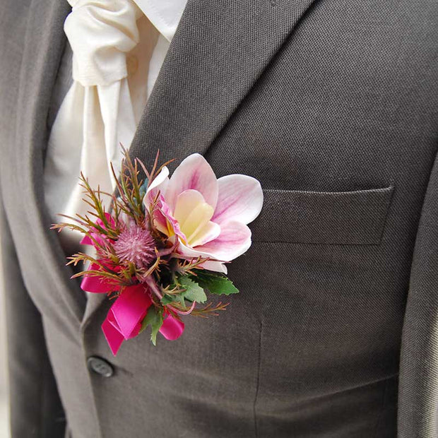 Grooms Pink Silk Orchid, Green Hydrangea & Sea Holly Thistle Wedding Buttonhole