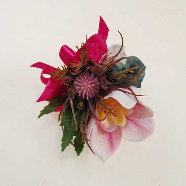 Grooms Pink Silk Orchid, Green Hydrangea & Sea Holly Thistle Wedding Buttonhole