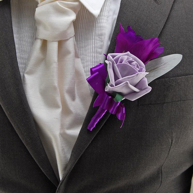 Grooms Purple Silk Lisianthus & Lilac Rose Wedding Buttonhole
