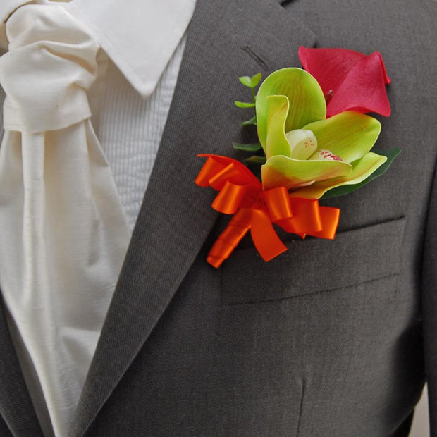 Grooms Raspberry Calla Lily & Green Silk Orchid Wedding Buttonhole