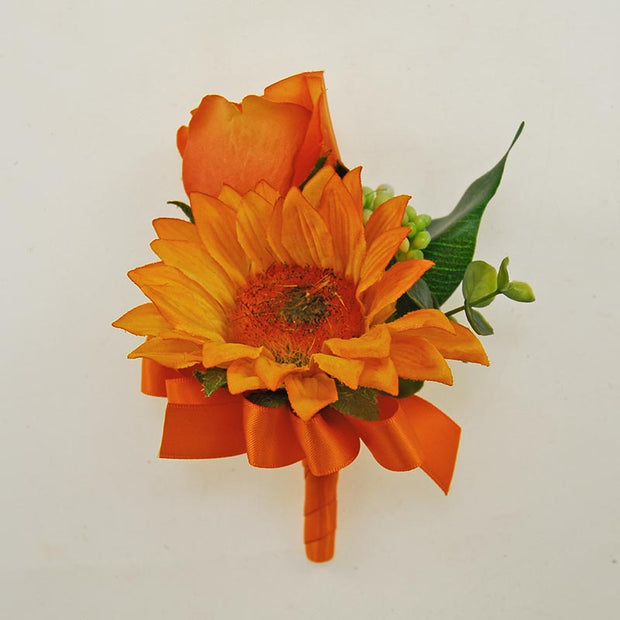 Grooms Silk Orange Sunflower & Rose Berry Wedding Buttonhole
