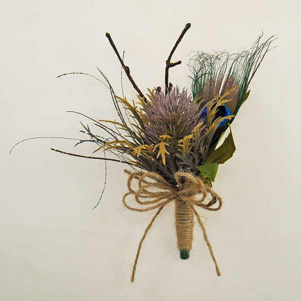 Grooms Teasel Thistle & Peacock Feather Wedding Buttonhole