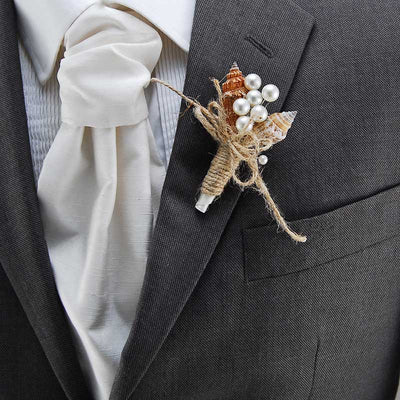 Grooms Twin Strombus Seashell, Twine & Pearl Wedding Buttonhole