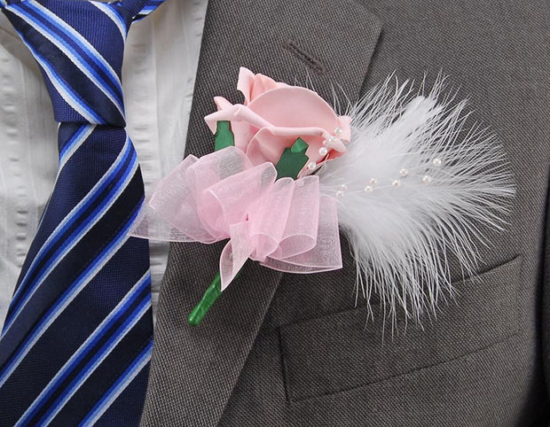 Pink Rose, White Feather & Pearl Wedding Guest Buttonhole
