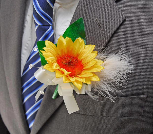 Golden Silk Sunflower & Feather Wedding Guest Buttonhole