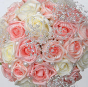 Brides Pink, Ivory Rose Crystal & Bead Flower Wedding Bouquet
