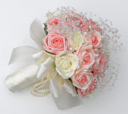 Brides Pink, Ivory Rose Crystal & Bead Flower Wedding Bouquet