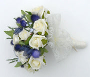 Blue Thistle, Ivory Heather & Rose Bridesmaids Wedding Posy