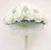 Brides Ivory Rose & Silver Diamante Brooch Wedding Bouquet