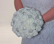 Brides Ivory Rose & Silver Diamante Brooch Wedding Bouquet