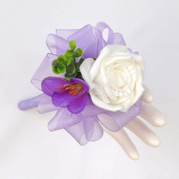 Purple Freesia, Eucalyptus & Ivory Rose Flower Girl Wedding Wand