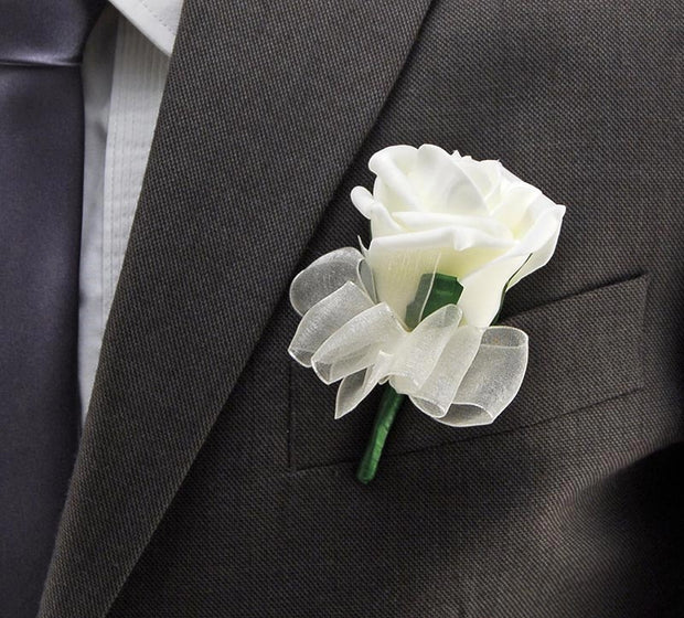 Ivory Foam Rose & Organza Bow Wedding Guest Buttonhole