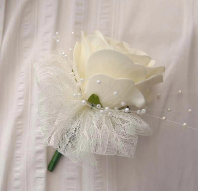 Ivory Artificial Diamante Rose, Pearl & Lace Wedding Buttonhole