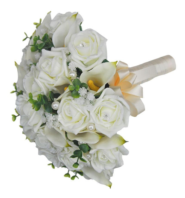 Ivory Calla Lily, Diamante Rose & Gypsophila Brides Wedding Bouquet
