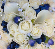Brides Ivory Calla Lily, Rose & Blue Thistle Wedding Bouquet