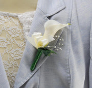 Ivory Calla Lily & Pearl Wedding Buttonhole Ivory Satin Ribbon Bow