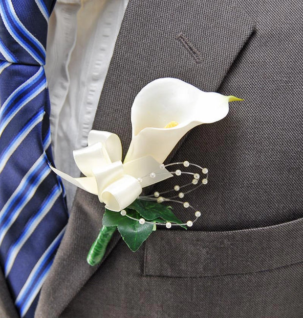Ivory Calla Lily & Pearl Wedding Buttonhole Ivory Satin Ribbon Bow