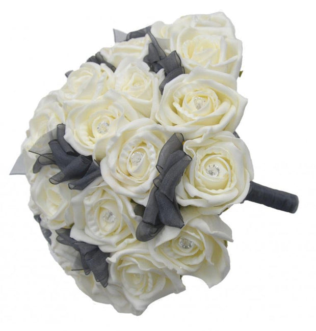 Brides Ivory Diamante Rose & Black Organza Bow Wedding Bouquet