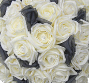 Brides Ivory Diamante Rose & Black Organza Bow Wedding Bouquet
