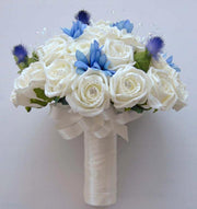 Brides Ivory Diamante Rose, Blue Silk Agapanthus & Thistle Bouquet