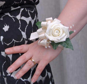 Cream Foam Rose & Crystal Wedding Day Wrist Corsage