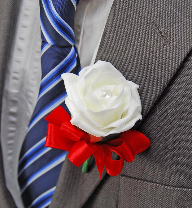 Ivory Diamante Foam Rose & Red Satin Bow Wedding Buttonhole